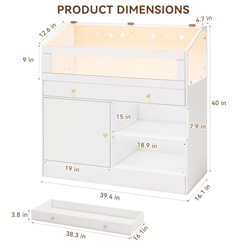 Hamster Cage with Storage Cabinet, Small Animal Habitat – Furniture-Style Enclosure with Built-in LED Light & Acrylic Panels for Hamsters, Guinea Pigs, Rabbits