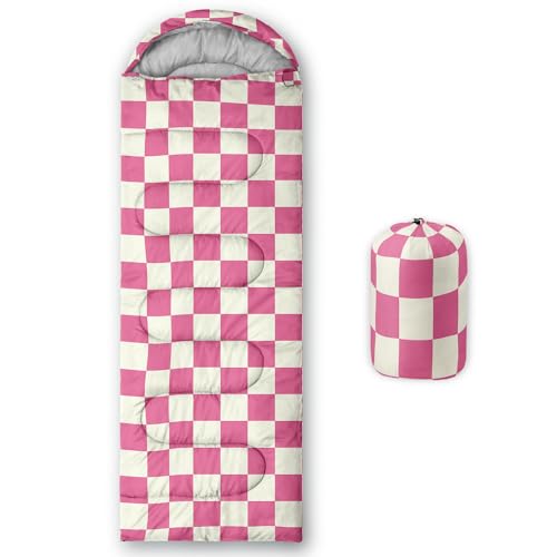 Sleeping Bags for Adults and Kids Backpacking Camping Sleeping Bags for Girls and Boys Lightweight Waterproof Cold/Warm Sleeping Bag for All Season - color: Pink and White Check