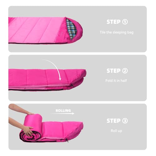 Cotton Flannel Lined Sleeping Bag for Adults Teens Kids, Cold Weather & Warm, 3 Seasons, Lightweight Compact Camping Essentials Equipment, Hiking, Outdoor, Travel - color: Deep Pink & Light Pink