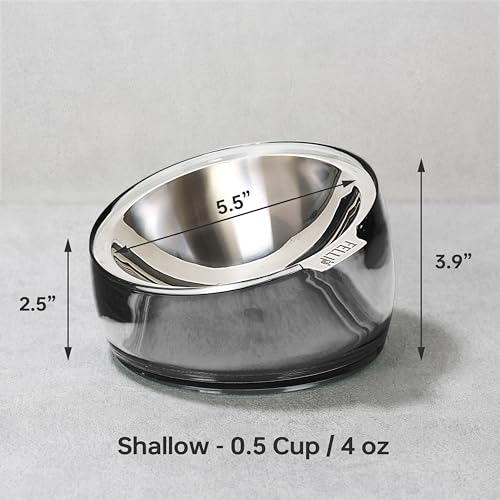 Felli Oblik Elevated Cat Bowl Removable Stainless Steel Wide Dish for Dry Wet Food Feeding & Dishwasher Clean, Slanted Whisker Fatigue Friendly Metal Plate (Smoky, 0.5 Cups Shallow Dish) - color: Smoky, size: 0.5 Cups Shallow Dish