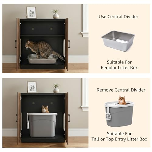 unipaws Tall Cat Litter Box Enclosure for Tall or Top Entry Litter Box | Hidden Litter Box Cover with Shelves, Kitty Enclosed Litter Box Cabinet, Cat Box Furniture - color: Walnut and Black