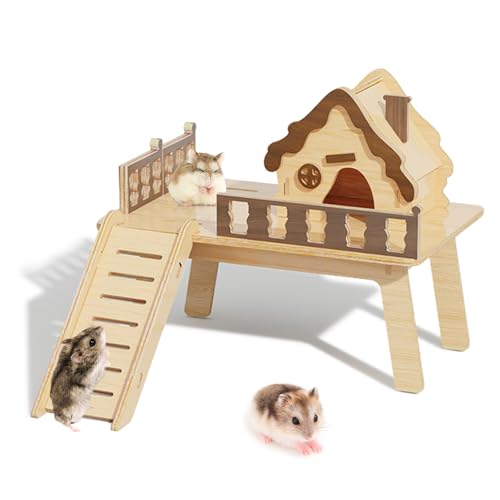 Wooden Hamster Platform and Dwarf Hamster House,Cute Syrian Hamster Tiny House Hideout,Large Balcony Lookout Holes,for Dwarf Gerbils and Mouse Mice Rat Other Small Animals(E) - color: BrownF
