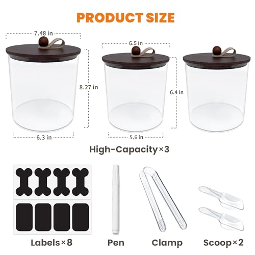 HOYTAMDAR 3 Pack Airtight Dog Treat Containers Bamboo Lids, Dog Treat Jars | Dog Food Storage Container with Scoops, Clamps, Labels and Marker, Dog & Cat Treat Holder - color: Brown - 3 Pack