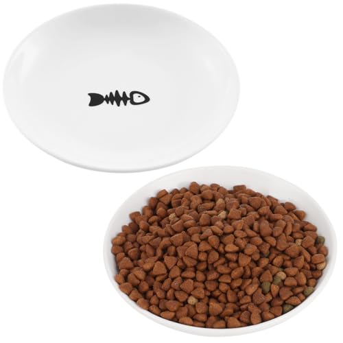 2 Ceramic Cat Bowls, 5.9 Inch Wide Shallow Feeding Dishes for Dry/Wet Food | Reduces whisker contact; lead-free; holds water too; dishwasher safe; stable heavy design; fits cats and small dogs - color: 2 Fish bone