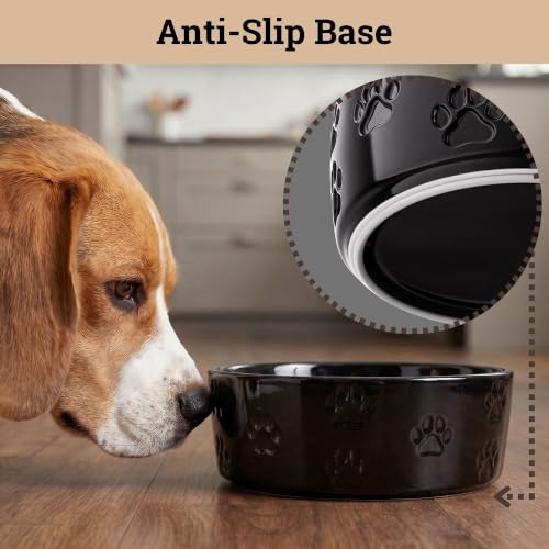 Ceramic Dog Bowl Set of 2 w/ Anti-Skid Base 6.5"W x 2.5"H, 3.8 Cup Capacity | Thick Ceramic, Dishwasher Safe, Anti-Skid Rubber Base, 3.8 Cups per Bowl, Ceramic Food & Water Bowls Set of 2 for Medium Dogs - color: Black, size: Medium