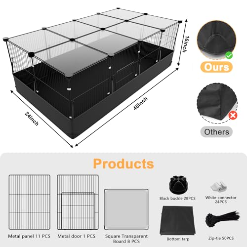 Tresbro Guinea Pig Cage with Top Cover & 12 Panels, Triple Fixing Measures Small Animal Playpen with Waterproof PVC Liner & One-Motion Hooks, 48 x 24 x 16 C&C Grids Cage for Bunny, Hedgehog, Hamster - size: 12 Panels-with roof