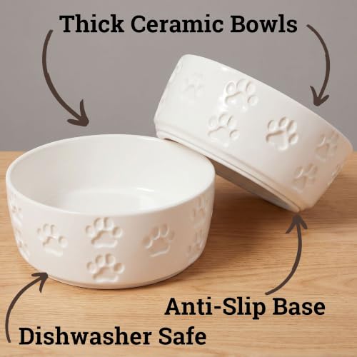 Ceramic Dog Bowl Set of 2 with Anti-Skid Base, 5.5"W x 2"H, 2 Cup Capacity | Thick Ceramic, Dishwasher Safe, Anti-Skid Rubber Base, 2 Cups per Bowl, Ceramic Food and Water Bowls Set of 2 for Small Dogs - color: White, size: Small