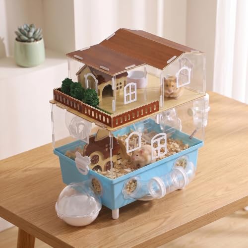 Acrylic Hamster Cage 2 Tier Clear Hamster House with Tunnels | Dwarf Hamster Cage & Habitat with Running Wheel, Food Bowl for Gerbils Syrian Hamsters,13.3''L* 9.8''W* 17.4''H, Blue - color: Blue