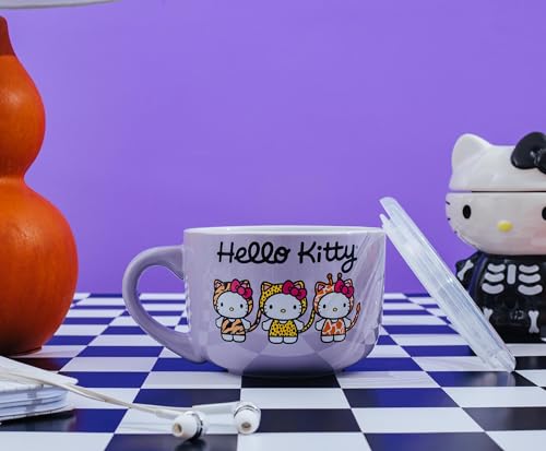 Silver Buffalo Sanrio Hello Kitty Jungle Animals Ceramic Soup Mug Bowl With Vented Lid and Handle For Ice Cream, Cereal, Beverages | Holds 24 Ounces