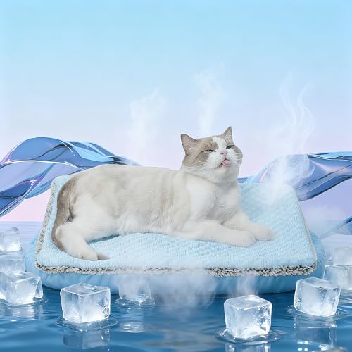 2-in-1 Cat Cooling Mat & Self Warming Pet Bed, All Season | Self Warming & Cooling, Hot/Cold Mat for Dogs and Cats, Free Gel Pack and Disposable Self-heating Pad - color: Light Blue+Gel ice pack+Selfheating pad, size: Medium