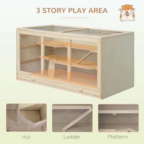 PawHut 45" Extra Large Wooden Hamster Cage, 3-Layer Rat Cage with Opening Roof, PVC Window, Small Animal Habitat for Gerbil, Dwarf & Syrian Hamsters, Natural | Rat Cage, PVC Window, Small Animal Habitat, for Gerbil, for Dwarf & Syrian Hamsters - color: Na