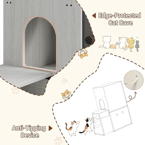 TrailBlaze Litter Box Enclosure with Platform, Double Layer Hidden Furniture, Modern Villa Cat Cabinet with Ladder, Hammock & Metal Mesh Door, Indoor Washroom Cat House-White - color: Retro White