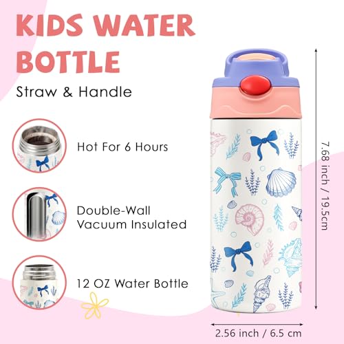 Ocean Bow 12 oz Water Bottle with Straw – Kids Stainless Steel Vacuum Insulated Cup, Leakproof Pop-Up Spout, Reusable Travel Mug for Boys and Girls Outdoor Sports - color: Seashell1