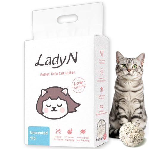 Lady N Pellet Tofu Cat Litter, Strong Clumping, Low Tracking Unscented 9lb | Ultra Absorbent, Dust-Free, Water-Soluble, Natural Ingredients, Enviro-Probiotic, Activated Carbon Odor Control - size: 9lb x 1bag