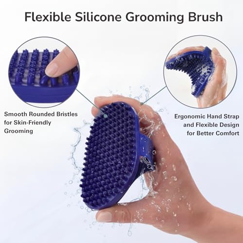Pets&Goods Rubber Grooming Brush for Dogs & Cats - Gentle Deshedding Bath Brush for Short & Medium Hair - Soft Bristles, Anti-Slip Grip, Easy to Clean - color: Blue