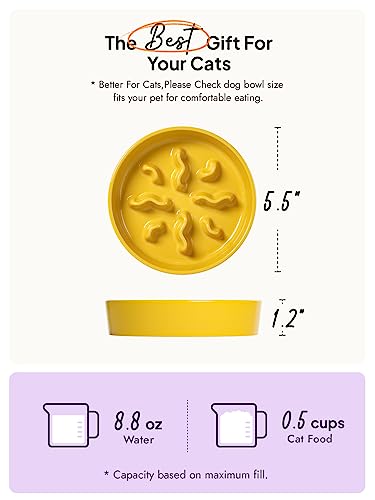 Ceramic Slow Feeder Dog Bowls Small Breed, 0.5 Cups Dog Food Dish for Fast Eaters, Puzzle Bowl for Small Dogs and Cats, 5.5 Inch-Yellow - color: Yellow