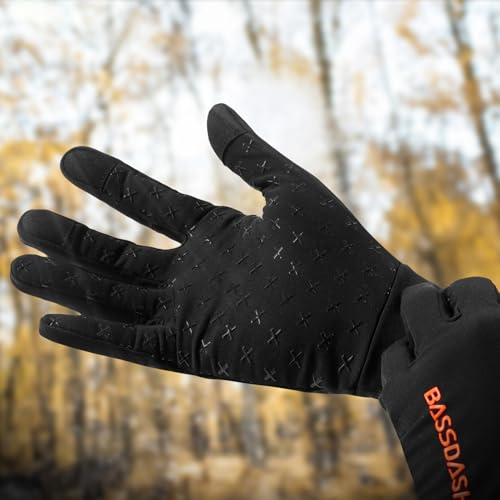 BASSDASH Unisex Fleece Liner Lightweight Camo Hunting Gloves HG07 | Stretch Fleeced Warm Anti-Slip Gloves with Touchscreen for Men Women Cool Weather Shooting Photography Fishing - color: Black, size: Large