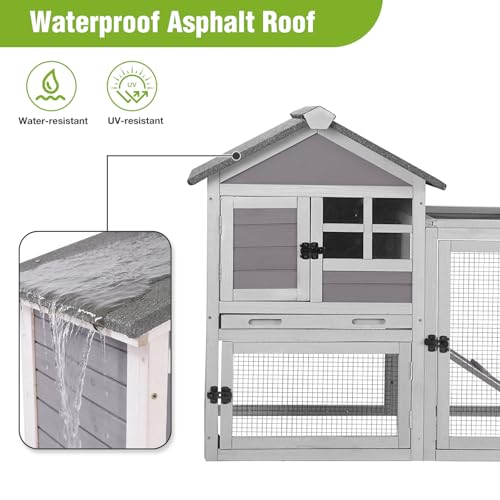 Outdoor Rabbit Hutch with Run, 2-Tier Fir Wood Bunny Cage, Waterproof Roof, Pull-Out Tray, Secure Latches, 51.6 x 20.8 x 36.2 in, Grey - color: Grey, size: 51.6"L x 20.8"W x 36.2"H