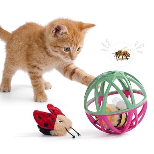 Cat Toys for Indoor Cats - Interactive Ball Cage Cat Toy with Realistic Insect Sounds & 2 Catnip Plush Toys, Motion-Activated Hunting Simulation Toy for Cats - color: Black