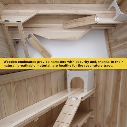 Wooden Large Hamster Cage, 3 Tier Small Animal Habitat with Tray, Natural Wood Exercise Play House for Hamsters