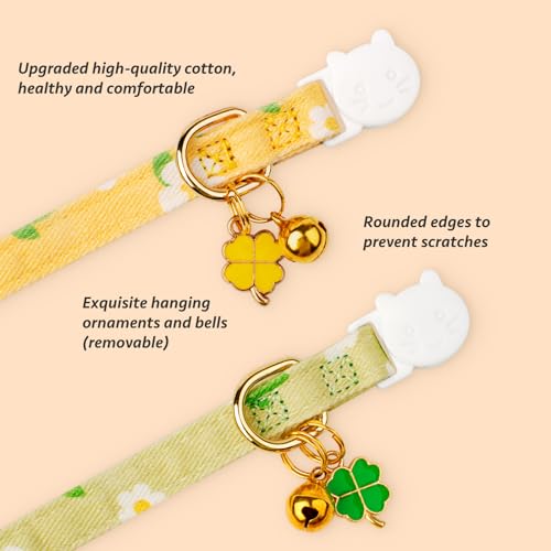 2 Pack Cotton Cat Collar Green and Yellow Flowers Cute Kitten Cat Collar | Breakaway Breathable Soft material With cute pendants with Bell - color: Green&Yellow