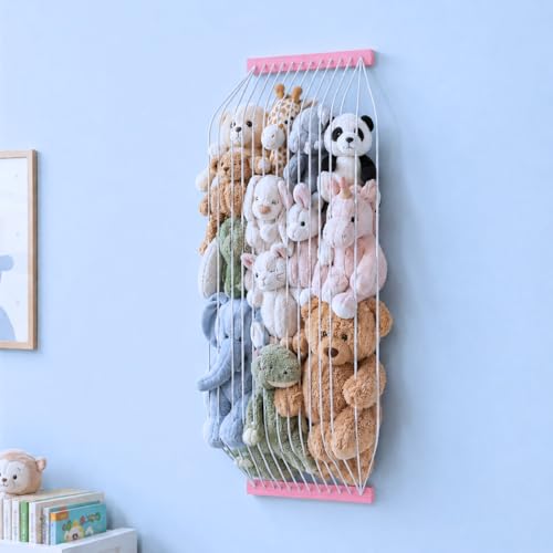 Stuffed Animal Storage Wooden Soft Toy Storage for Kids Room，Wall Mount Door Hanging Stuffed Animal Toy Organizer Shelf for Nursery Play Room Pink -Patent - color: Pink Board+white Rope
