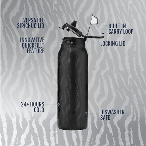 Ello Pop & Fill Insulated Stainless Steel Water Bottle with Quick Fill Lid, Leakproof Locking, Sip or Chug Spout, BPA-Free, Double Wall Vacuum Insulated for Sports, Travel & School- 22oz / 32oz / 40oz - color: Zebra, style: 32oz