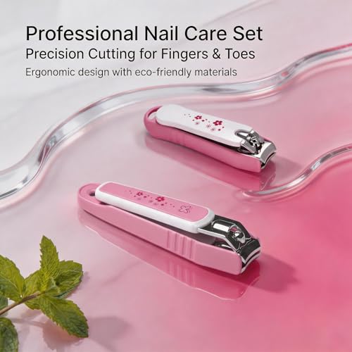 PAFASON Ultra Sharp Nail Clipper Set, Fingernail and Toenail Trimmer Cutter, Stainless Steel, Curved Blade, Sturdy, Nail Catcher, Nail Files for Men and Women - color: Pink