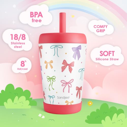 SANDJEST Kids nsulated Stainless Steel Tumbler with Silicone Straw, 12 Ounces, Pack of 2 for Boys, Birthday Back to School (Heart + Bow) - color: Heart + Bow