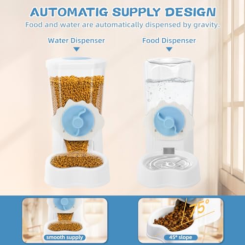 2 Pack Hanging Automatic Pet Food Water Dispenser, Auto Rabbit Feeder and Water Bottle Set for Cage, Food and Water Bowls for Cat Bunny Chinchilla Hedgehog Guinea Pig Ferret cage Accessories - color: Blue White
