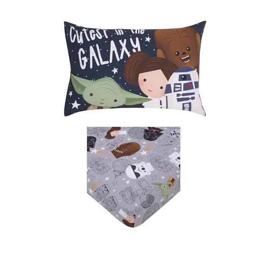 Star Wars Welcome to the Galaxy Navy and Gray Yoda, Princess Leia, R2-D2, and Chewbacca 2 Piece Toddler Sheet Set - Fitted Bottom Sheet and Reversible Pillowcase - color: Welcome to the Galaxy
