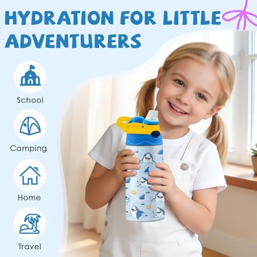 Shark 12 oz Water Bottle with Straw – Kids Stainless Steel Vacuum Insulated Cup, Leakproof Pop-Up Spout, Reusable Travel Mug for Boys and Girls Outdoor Sports - color: Shark1