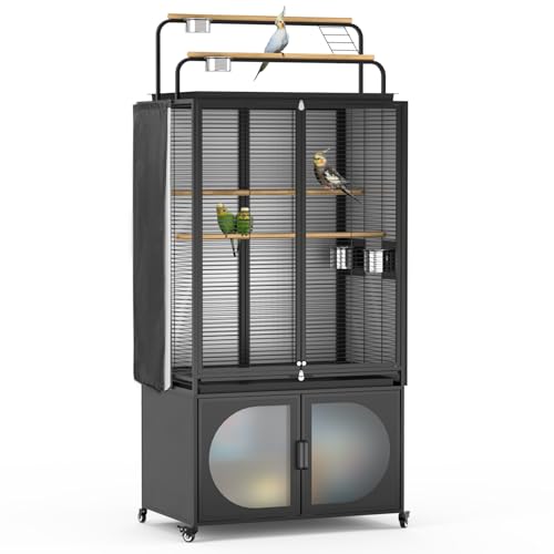 GDLF 72-Inch Parrot Bird Cage with Play Top and Storage Cabinet | Includes a UV-blocking cover, removable cleaning tray, four stainless steel bowls, perches, and lockable rolling casters