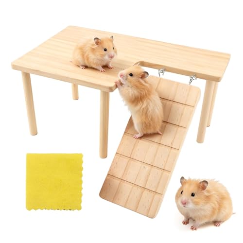 Wooden Hamster Platform for Hamster Cage Accessories with Cleaning Rag, for Dwarf Hamsters Gerbils Mice Degus or Other Small Pets
