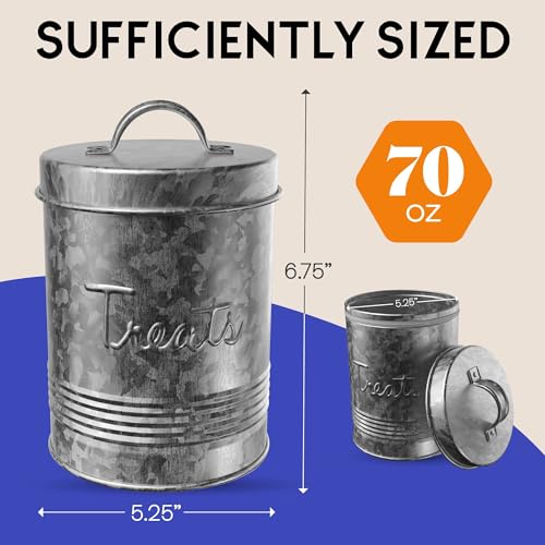 Amici Pet, Retro Treats Galvanized Relief Lettering Metal Storage Canister, Food Safe, Push Top, 72 Ounces (Pack of 2) - size: Large/72 oz (Pack of 2)