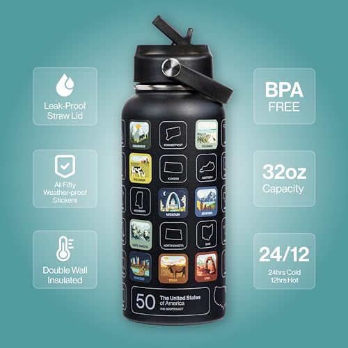 THE GEOPROJECT 50 States Bucket List Water Bottle with Stickers - 32oz Leakproof Insulated Stainless Steel with Straw & 50 States Water Bottle Stickers (Black) - color: Coal/Black