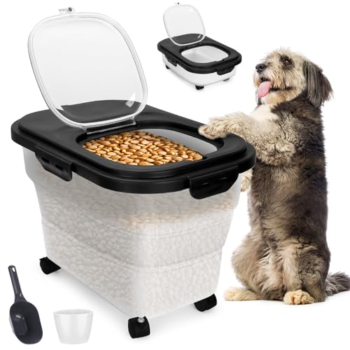 Dog Food Container, Collapsible Pet Food Storage Container 17-20 lb with Rolling Wheels & Airtight Lid, Plastic Storage Bin With Dog Food Scoop and Measuaring Cups - color: Black