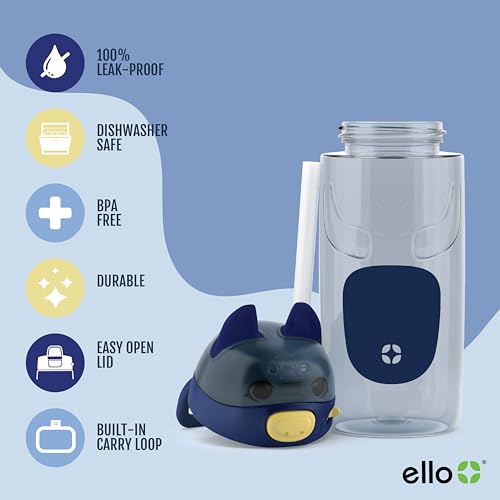 Ello Ellies 16oz BPA-Free Plastic Leakproof Kids Water Bottle, Dog | Animal shaped plastic kids water bottle with straw, leakproof locking lid, carry handle, & BPA-free design for school lunches - color: Dog, size: 16 Ounces