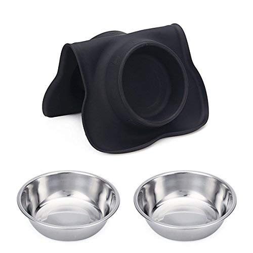 Hubulk Pet Dog Bowls 2 Stainless Steel Dog Bowl with No Spill Non-Skid Silicone Mat + Pet Food Scoop Water and Food Feeder Bowls for Feeding Small Medium Large Dogs Cats Puppies (M, Black) - color: Black, size: Medium