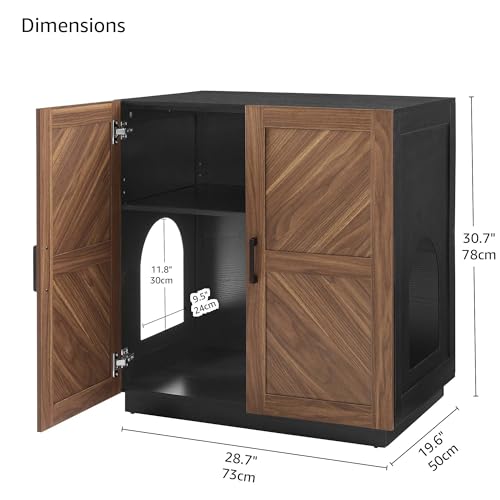 unipaws Tall Cat Litter Box Enclosure for Tall or Top Entry Litter Box | Hidden Litter Box Cover with Shelves, Kitty Enclosed Litter Box Cabinet, Cat Box Furniture - color: Walnut and Black