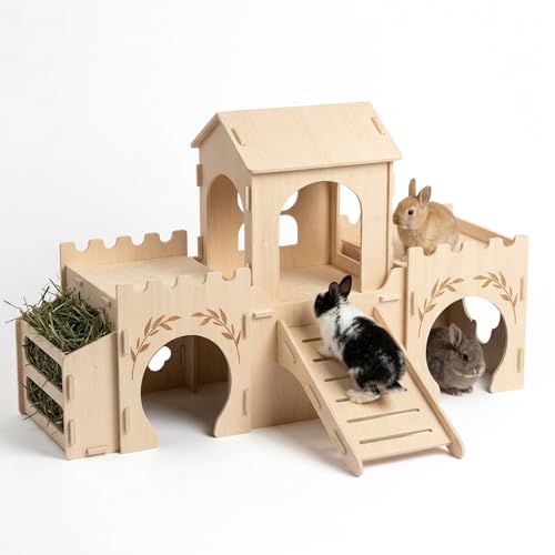 2-Level Wooden Rabbit Castle with Ramp and Hay Feeder | 3 connected rooms, center tower, rooftop platform, ramp, side hay feeder and multiple entrances for indoor enclosures - size: Extra Large