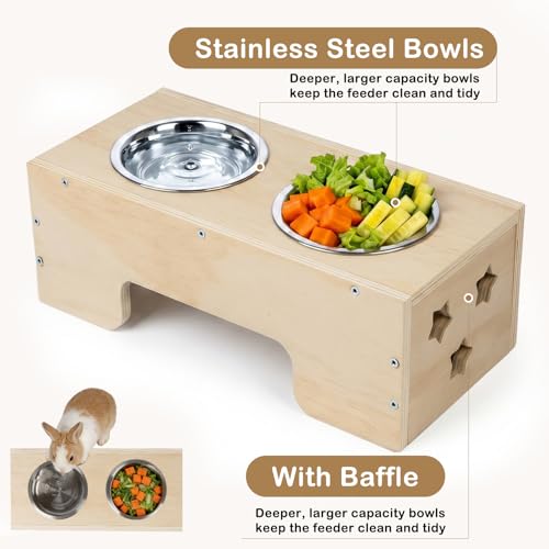 Upgraded 3‑in‑1 Wooden Rabbit Hay Feeder and Litter Box Combo | Extra Large, Mess‑Proof Hay Rack, Easy Clean, Stainless Steel Bowls, Small Pet Feeding Station - size: 26.1"W