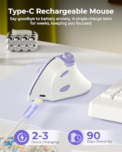 seenda MOU-302 Wireless Bluetooth Ergonomic Vertical Mouse with Volume Knob | Rechargeable 3-device mice for small/medium hands with quiet clicks, 1000/1600/2400 DPI for PC, laptop, MacBook, White Purple - color: White Purple