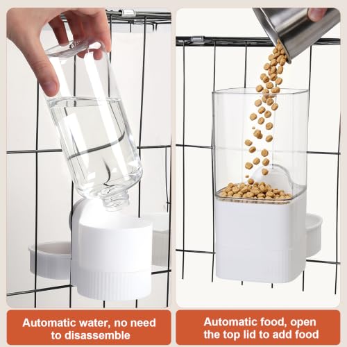 Hanging Cage Auto Small Pet Feeder Waterer Set for Puppy Cats, White | 1.2L Self-Feeding Feeder, 0.52L Waterer Set, Non-Spill Auto Gravity Kennel Feeding Station For Puppy Cats Rabbit Ferret - color: Pure White