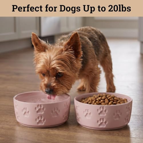 Ceramic Dog Bowl Set of 2 with Anti-Skid Base, 5.5"W x 2"H, 2 Cup Capacity | Thick Ceramic, Dishwasher Safe, Anti-Skid Rubber Base, 2 Cups per Bowl, Ceramic Food and Water Bowls Set of 2 for Small Dogs - color: Blush Pink, size: Small