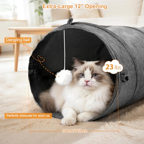 Ownpets 12" Large Cat Tunnel 3-Way U-Shape Oxford Fabric for Large Cat | Silent oxford fabric no noise, expandable 3-channel design, with plush ball ,feather wand, peek hole, for multi-cat household - size: 12 Inches in Diameter