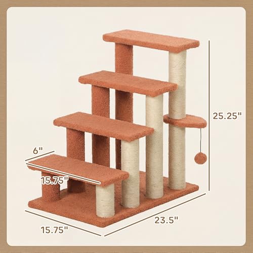 PawHut 4 Levels Cat Steps, Pet Stairs Carpeted Ladder, Kitten Tree Climber with Scratching Posts, Hanging Play Ball, Side Step, for High Bed, Sofa, Brown | Kitten Tree Climber, Scratching Posts, Hanging Play Ball, Side Step, for Sofa - color: Brown