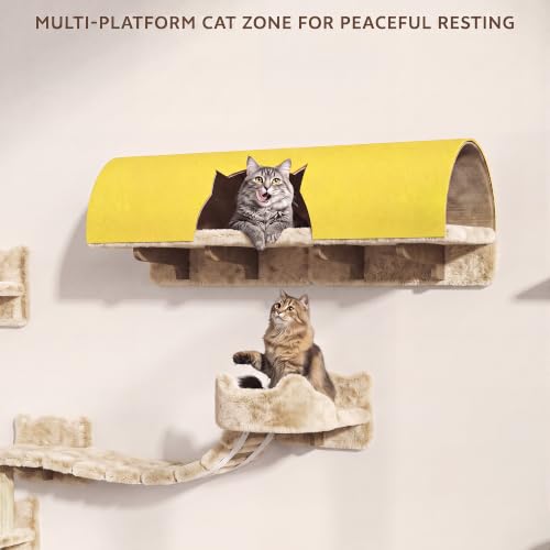 16-in-1 Cat Wall Shelves, Cat Furniture w/Tunnel & Bridge, Beige | Wall Mounted Cats Shelf Set with Plush Fabric, Cat Climbing Wall Systems for 16 Inch Drywall, with Scratching Posts, Condos - color: Beige, size: 16-in-1