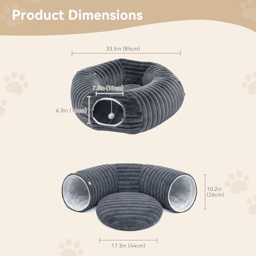 Dogpals Cat Tunnel Bed Cave 33" Lx10 Wx10 H for Indoor Cats | Washable Cozy Cushion, Soft Striped Plush Fabric, Hideaway Peekaboo Cave for Kittens, Puppies, Rabbits & Small Pets - color: Deep Grey