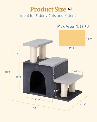 Aechonow 3-in-1 Pet Stairs for Cats, Dog Steps for Small Doggie Rabbits | 6.29'' Depth Cat Stairs, Indoor Cat Ladders for High Bed for Pet's Joints, 1 Cat Condo Cave, Sisal Scratcher, Grey, Medium - size: M-Gray
